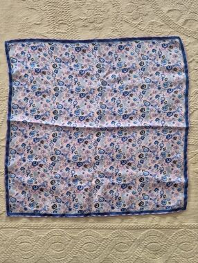Blue and Purple Floral  Silk Pocket Square with Navy/Purple Border